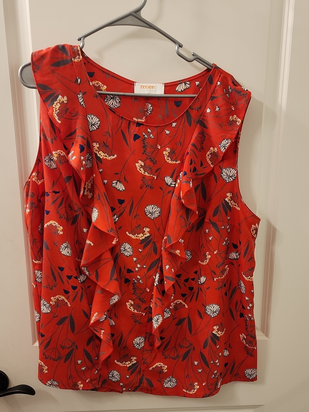 Renee C. Red Floral Ruffle Camisole with Navy Accents